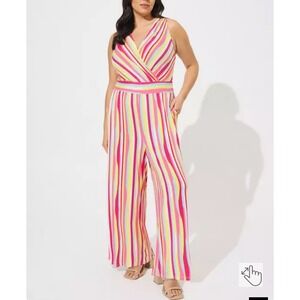 Torrid Women's Sz 2 (18/20) Pink Yellow Blue Stripe Sleeveless Wide Leg Jumpsuit